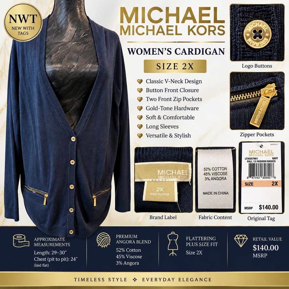 Michael Michael Kors Navy Blue Cardigan 2X Cotton Angora Gold Zip LF36D57NE4